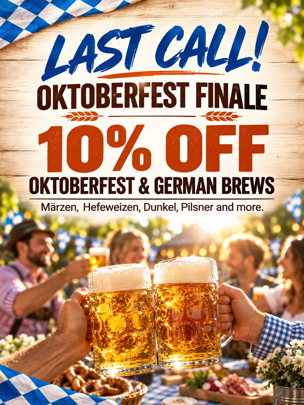 Mr. Beer Oktoberfest Finale promotion featuring 10% off Oktoberfest and German brews with friends raising golden beer steins