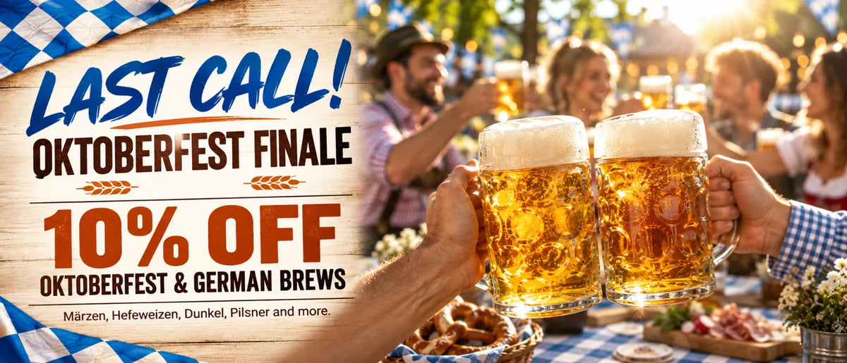 Mr. Beer Oktoberfest Finale promotion featuring 10% off Oktoberfest and German brews with friends raising golden beer steins