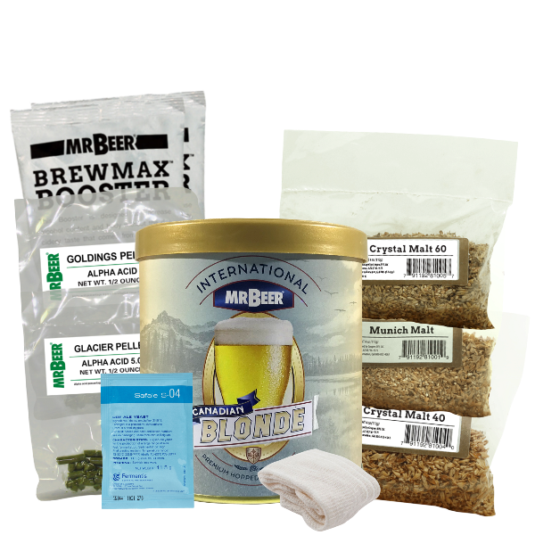 Over-Inflated Wheel Amber Ale recipe ingredients with Canadian Blonde extract, Booster, Crystal 60, Munich Malt, Crystal 40, Goldings hops, Glacier hops, muslin hop sacks, cleanser, and S-04 yeast