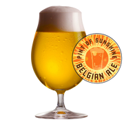Pint of Sunshine Belgian Ale finished beer with recipe badge