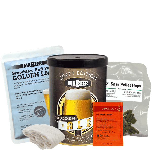 Pint of Sunshine Belgian Ale recipe ingredients with Golden Ale extract, Golden LME, Saaz hops, muslin hop sacks, cleanser, and Belle Saison yeast