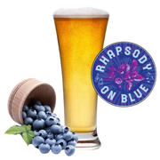 Rhapsody On Blue 5 Gallon finished blueberry wheat beer with recipe badge