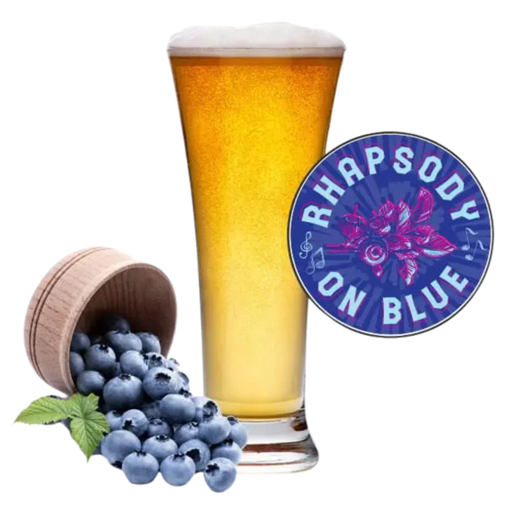 Rhapsody On Blue 5 Gallon finished blueberry wheat beer with recipe badge