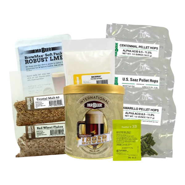 Running With The Dev-Ale recipe ingredients with Oktoberfest Lager, Pale DME, Robust LME, Crystal 40, Red Wheat, Amarillo hops, Centennial hops, Saaz hops, hop sacks, cleanser, and S-33 yeast