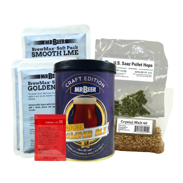 Shack on A Hilltop Strong Ale recipe ingredients with Bewitched Amber Ale, Smooth LME, Golden LME, Crystal 40, Saaz hops, S-05 yeast, hop sacks, cleanser, and vanilla extract