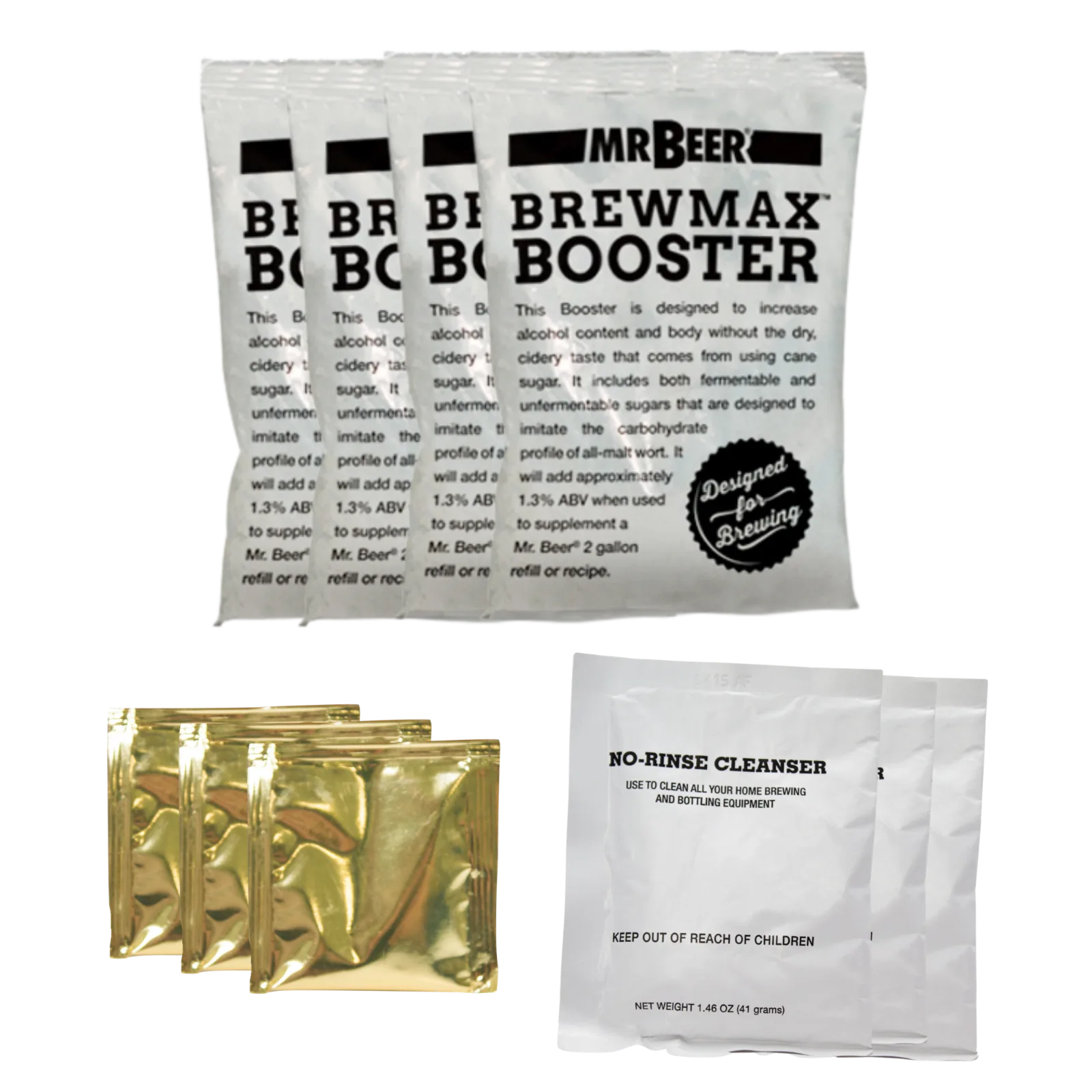 Mr. Beer Brewmax Booster refill contents include boosters, yeast, and  no-rinse cleanser packet.