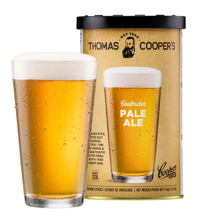 Thomas Coopers Bootmaker Pale Ale Brewing Extract can with a glass of rich amber pale ale