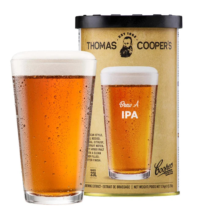 Thomas Coopers Brew A IPA Brewing Extract can with a glass of deep amber IPA