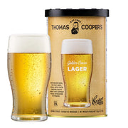 Thomas Coopers Golden Crown Lager Brewing Extract can with a glass of deep golden lager