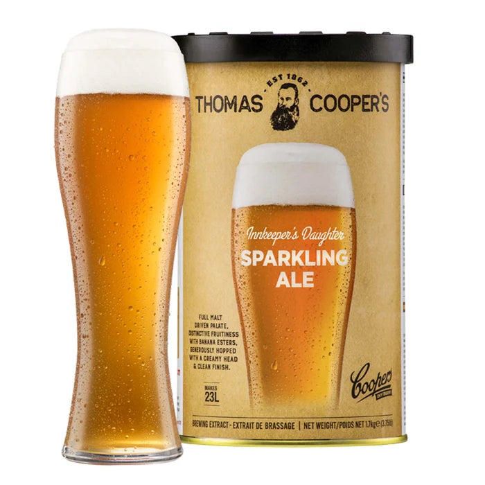Thomas Coopers Innkeeper's Daughter Sparkling Ale Brewing Extract can with a glass of deep golden amber sparkling ale