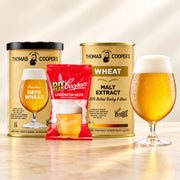 Thomas Coopers Preacher’s Hefe Wheat refill with wheat malt extract, carbonation drops, and a glass of golden wheat beer.