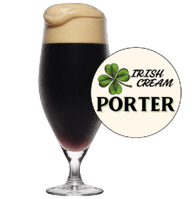 A frothy glass of dark Irish Cream Porter with rich roasted tones, surrounded by brewing ingredients like caramel malt, chocolate malt, and flaked oats, perfect for homebrewing enthusiasts.